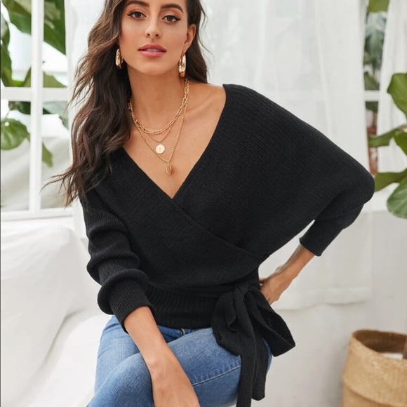 Knit v neck wrap sweater surplice belted burgundy - Picture 3 of 8